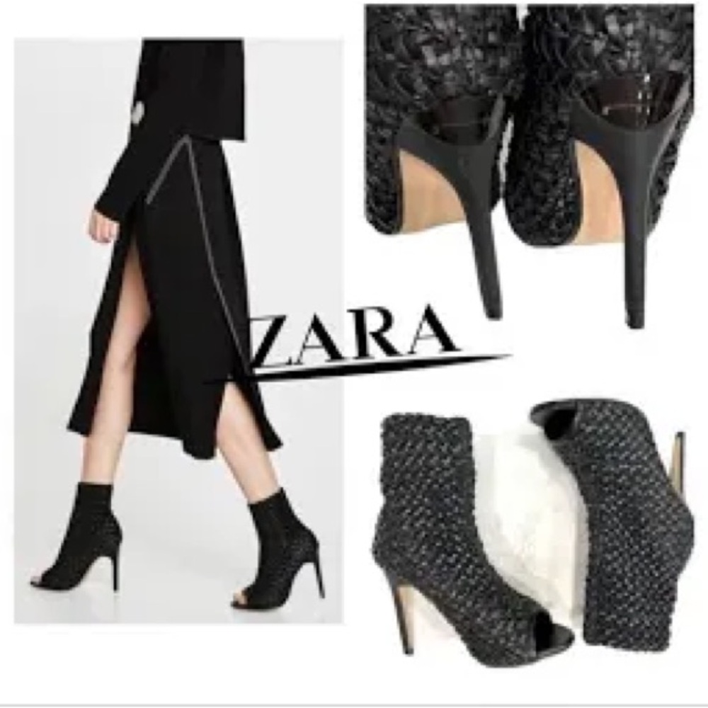 ZARA WOMAN 100% Leather Stretch BasketWeave Stiletto(5”Inches)-Sz 10-Black-RARE!